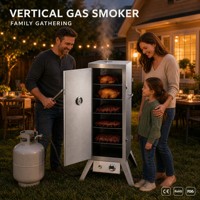 Fumoir à gaz en acier inoxydable avec 4 niveaux, allumage électronique, pour barbecue extérieur, avec crochets
