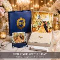 Suite d'invitations de mariage de luxe du Moyen-Orient, bleu marine et or, calligraphie arabe, monogramme, boîte cadeau avec carte palais pop-up
