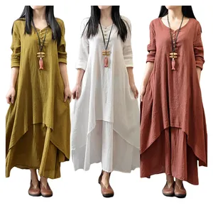 Otoño nuevo Casual suelto de manga larga de algodón Lino vestido vestidos mujeres señora elegante de talla grande vestidos de mujer