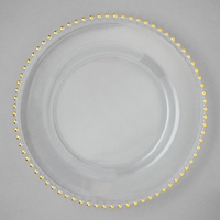 Assiettes de fête rondes en verre transparent de 13 pouces, motif personnalisé, écologiques, avec bordure dorée, vaisselle de présentation pour la vente en gros