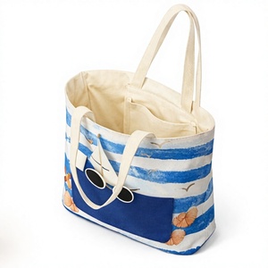 Custom logo Striped Canvas <b>Beach</b> <b>Tote</b> Bag With Sailboat Print And Front Pocket Large Size Shoulder Handle Shopping bag - Product Image 3