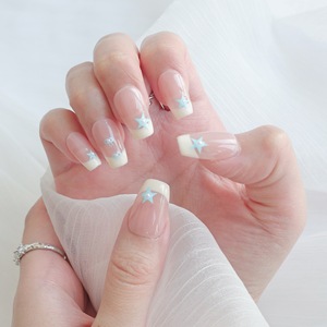 Hand-made Press-on <strong>Nails</strong> New Fashion French <strong>Design</strong> Short <strong>Coffin</strong> <strong>Blue</strong> Star BOW ABS Acrylic Artificial <strong>Nails</strong> - Product Image 4