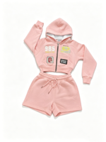 Ensemble de survêtement rose pour femme, style Y2K, avec sweat-shirt court à capuche zippé et imprimé slogan, et short, tenue 2 pièces streetwear