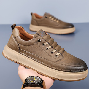 Baskets décontractées pour hommes en cuir véritable à bout rond, à lacets, à plateforme, semelle épaisse, résistantes à l'abrasion, style chunky, collection automne - Product Image 1