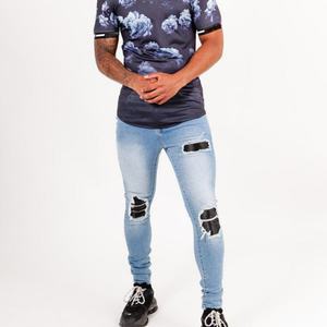 กางเกงยีนส์เดนิมสีน้ำเงินทรงสลิมฟิตแต่งหนังเทียมสีดำสไตล์ขาดๆ เซอร์ๆ สำหรับผู้ชาย แฟชั่นสุดฮิต ลดราคาพิเศษ - Product Image 5