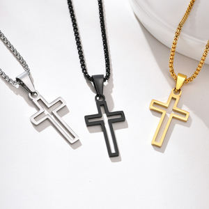 Collar Punk Religioso Católico Cristiano de Acero Inoxidable, Color Plateado, Negro, Cadena de Perlas de Oro de 18K, Collar con Cruz para Hombre y Mujer - Product Image 1
