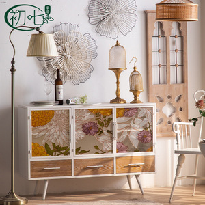 Chuqi Living Room <b>Cabinet</b> 3-Door <b>White</b> Floral Glass Door <b>Storage</b> Furniture - Product Image 4