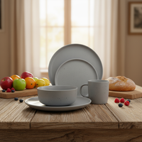 Service de table en grès de luxe élégant de style européen |   Ensemble de 4 assiettes et bols en céramique grise |   Compatible lave-vaisselle/micro-ondes/congélateur, résistant à la chaleur