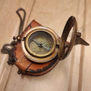 Brass Sundial <b>Compass</b> with Leather & <b>Chain</b> Portable Hanging Ring for Hiking Navigation - Product Image 4