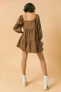 New Design Corduroy Mini <strong>Dress</strong> Featuring square Neckline <strong>Peasant</strong> Sleeve Tiered Body Patchwork Woman <strong>Dress</strong> - Product Image 4