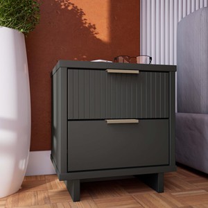 Comodino in grigio antracite con design a pannelli verticali e maniglia in bronzo, mobile moderno per camera da letto - Product Image 2
