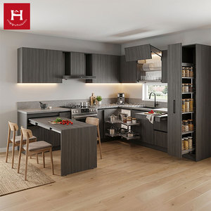 HAPPY HOUSES L Layout Modern Grey Wooden Kitchen Cabinet Set with Retractable Table Magic Corner Pull-out Pantry for Small Space - Product Image 1
