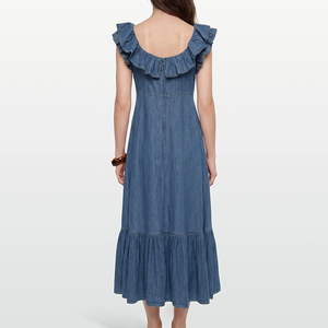 Robe en jean hawaïenne sur mesure, élégante, à col carré, avec volants en denim bouffant, de haute qualité, douce, 100% coton. - Product Image 2