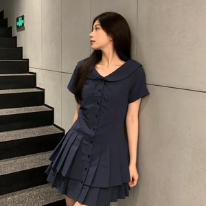 Korean Style Peter Pan Collar Navy Blue Shirt Dress Fitted Waist Slimming Summer Short Sleeve Women's Dress - Product Image 3