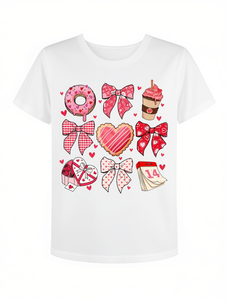 T-shirt da donna taglie forti per San Valentino, a maniche corte, girocollo, stampa con fiocco, ciambella e caffè, casual, per tutte le stagioni - Product Image 1
