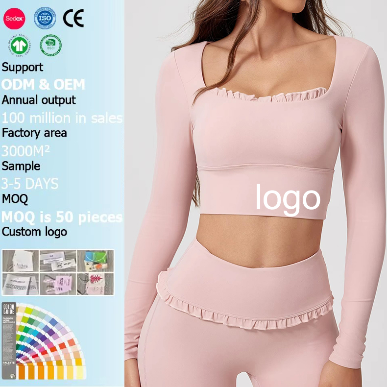 Custom Logo Womens Tops Long Sleeve Square Neck Ruffle Hem Crop Gym Clothes Activewear Slim Fit Breathable Yoga Fitness Workout