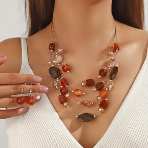 Collier et boucles d'oreilles en résine à paillettes multicouches vintage en gros, style bohème, pierre irrégulière colorée - Product Image 5