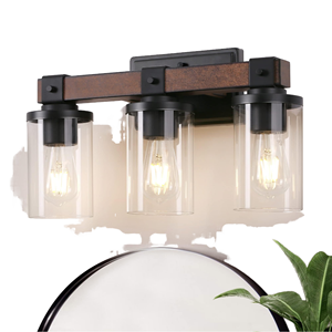 Modern 3-Light LED Vanity Light Matte Black Iron Frame with Oak Wood Accents Glass <strong>Shades</strong> E26 Socket Hotel <strong>Bathroom</strong> Wall <strong>Lamp</strong> - Product Image 1