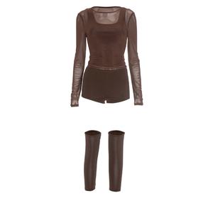 Viviblook ชุด D25ST389ผู้หญิงใหม่เสื้อกั๊กเซ็กซี่เสื้อตาข่ายแขนยาวกางเกงขาสั้นแน่นชุดสี่ชิ้นน่องสำหรับผู้หญิง - Product Image 6