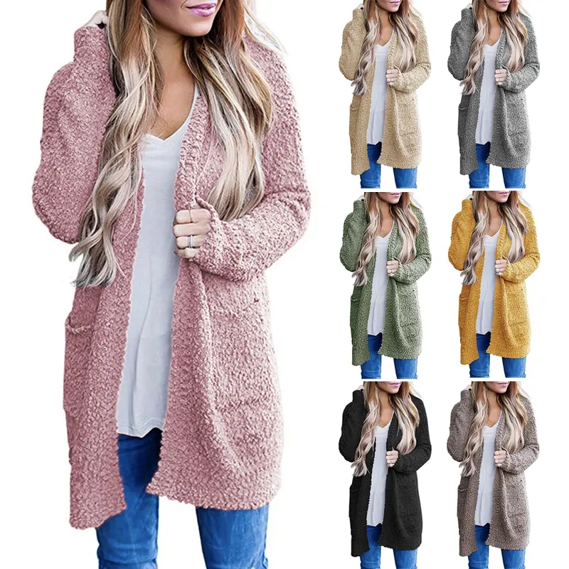 Autumn New Pink Boutique Women Knitted Long Popcorn Cardigan With Pockets