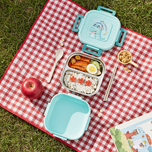 Boîte à lunch Bento 1000 ml, étanche, motif dessin animé, en acier inoxydable 201, 2 compartiments, avec couverts, pour enfants, école, bureau - Product Image 1