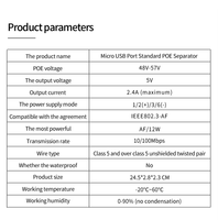 Injecteur Répartiteur PoE Ethernet Actif 48V 5V 10/100Mbps 802.3af avec Sortie CC Micro USB RJ45 pour Moniteur en Plastique ABS