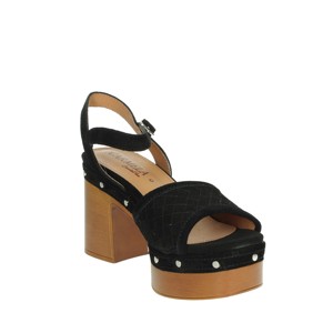Sandali da donna neri alla moda con tacco comode scarpe da sposa 160623 in raso e pelliccia con punta quadrata - Product Image 5