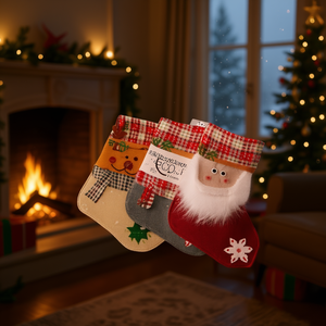 Christmas Stocking 3 Styles Plaid Trim Embroidered Santa Reindeer Design For Holiday Decoration - Product Image 2