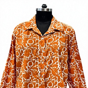 Chemise décontractée en coton respirant à imprimé floral orange fait main, fabrication ODM - Product Image 1