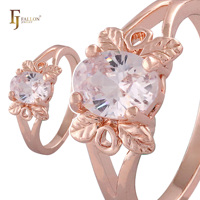 Bijoux FJ Fallon, bagues de fiançailles solitaire avec grosse pierre, feuilles plaquées or rose, base en laiton