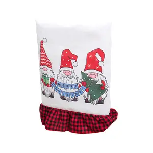 HB-248 Gnome baskılı keten noel sandalyesi siyah kırmızı ekose Santa şapka sandalye geri kapakları