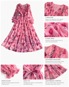 <span class=keywords><strong>Abito</strong></span> da Donna Personalizzato, Abbigliamento su Misura, Vestito Lungo Estivo Rosa Floreale con Scollo a V Profondo e <span class=keywords><strong>Maniche</strong></span> <span class=keywords><strong>Lunghe</strong></span> per Feste - Product Image 3