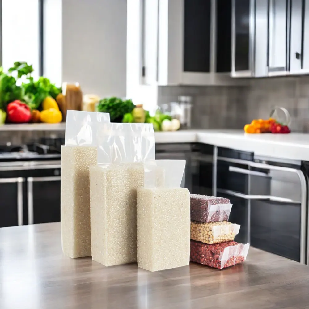 5 किलो चावल ईंट बैग पीईटी खाद्य भंडारण पैकेजिंग के लिए बड़ा पारदर्शी पीईटी वैक्यूम सील प्लास्टिक बैग हीट सील हैंडल