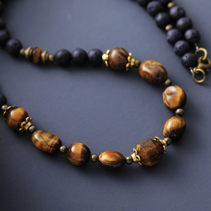 Collar de cuentas de ojo de tigre natural con roca volcánica para hombre, joyería vintage para parejas, regalo, origen Jinhua, forma redonda - Product Image 2