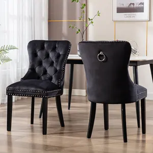 Ucuz klasik mobilya siyah kadife kumaş ahşap çerçeve püsküllü döşemeli halka geri yemek sandalyesi