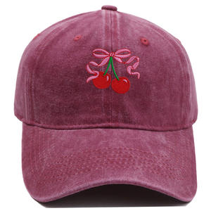Gorra <span class=keywords><strong>de</strong></span> Béisbol <span class=keywords><strong>de</strong></span> Algodón Lavado Vintage Personalizada al por Mayor, Gorra <span class=keywords><strong>de</strong></span> Papá con Lazo Rosa Cereza Bordado - Product Image 4