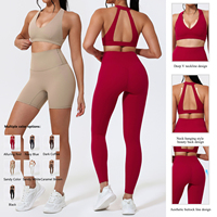 Ensemble de yoga 3 pièces pour femme, respirant et léger, en Spandex/Nylon, avec soutien-gorge de sport à décolleté en V profond, short taille haute et leggings longs pour la gym