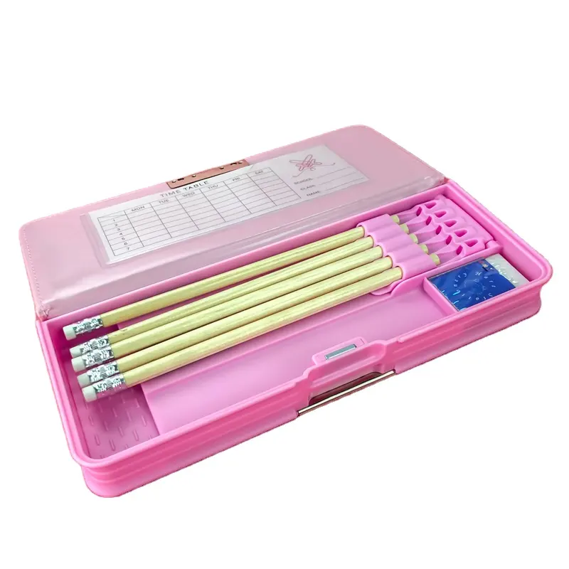 Fashion Design Customized Pink School Pencil Case with Leather Cover Waterproof Opp Bag 3 Compartment Pencil Box - Plastic 80g