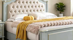 Lit plateforme en bois massif avec finition dorée haut de gamme, tête de lit capitonnée à boutons incurvés pour chambre principale de style farmhouse - Product Image 3