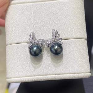 10-11mm Aurora Peacock Green Tahitian Pearl <b>Stud</b> Earrings, Iridescent Seawater Pearl Slight Blemish, 925 Sterling <b>Silver</b> Jewelry - Product Image 4