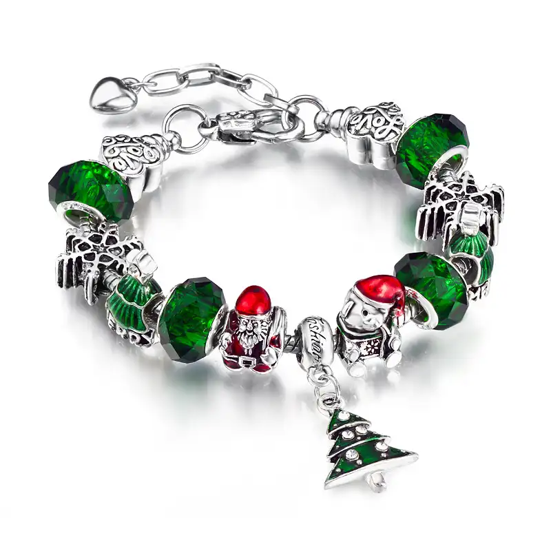 Nuevo diseño europeo encanto pulsera Navidad DIY de cristal verde de los árboles de Navidad colgante pulsera ajustable para las niñas