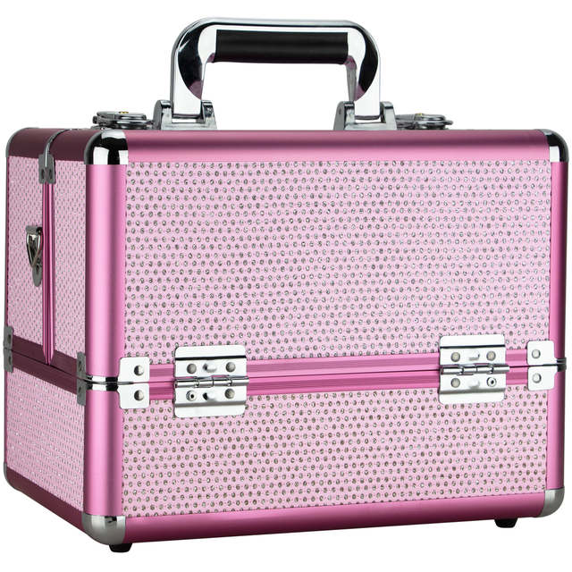 Professional Cosmetic Case with Trays Diamond Makeup Storage Organizer Box with Lock Black Makeup Train Case for Lady