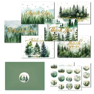 Huancai 24 Packs Green Forest Thank You Cards with Envelopes Watercolor Stickers for Woodland Wedding Christmas Party Supplies