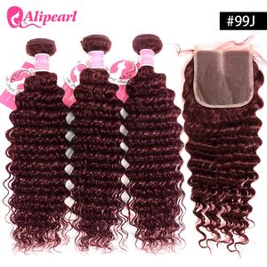 # Lot de 3 mèches de cheveux humains brésiliens 99J Deep Burgundy Deep Wave avec closure en dentelle 4x4 par <span class=keywords><strong>Alipearl</strong></span> - Product Image 1