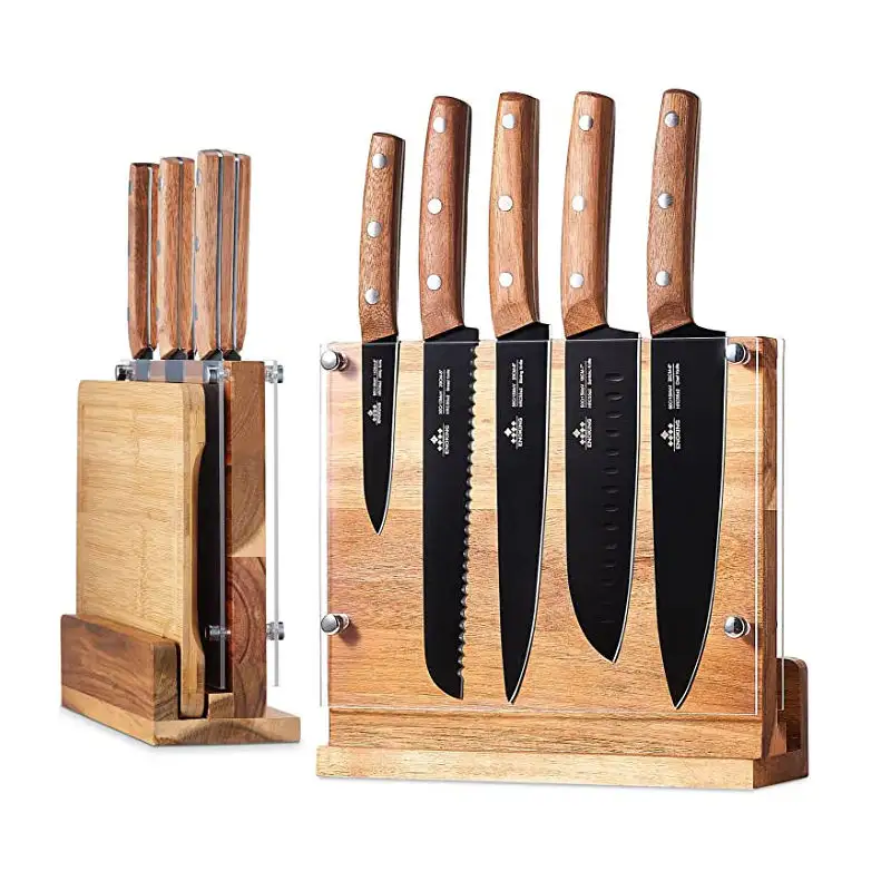 Bamboo double-sided magnetic wooden knife holder display stand for dining knives