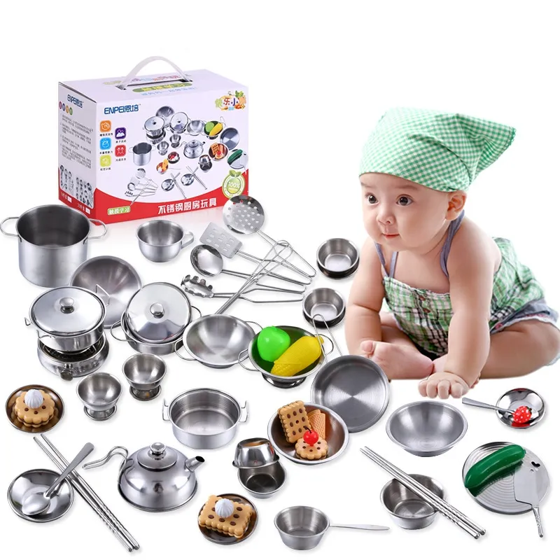 25 buah mainan peralatan dapur MINI Set dapat menyimpan makanan memasak mainan dapur baja tahan karat untuk anak-anak perempuan kotak warna logam uniseks