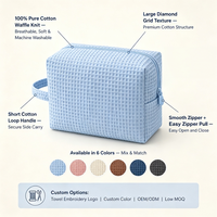 Bolsa de Maquillaje de Algodón Tipo Waffle Rosa Pálido con Logotipo Personalizado, Bolsa de Aseo de Viaje de Gran Capacidad para Mujer, Bolsa de Lavado Portátil al por Mayor