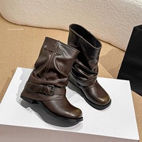 Bottes de motard vintage noires en similicuir pour femme, à bout rond, avec bride à boucle, mi-mollet, style décontracté, faible MOQ, ODM