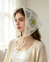 Jilbab Segitiga Gaya Korea Bordir Mutiara 3D Motif Bunga Rajut untuk Wanita, Kerudung Ikat Belakang yang Dapat Disesuaikan, Hiasan Rambut
