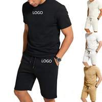 Setelan Olahraga Pria Kasual Ribbed Dua Potong, Cepat Kering, Bernapas, Kaos & Celana Pendek dengan Kantong Tali Serut untuk Gym & Lari